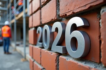 Installing brick wall. Construction worker in uniform and safety equipment have job on building. 2026. AI