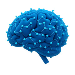 Abstract blue brain with neural network connections isolated on transparent background