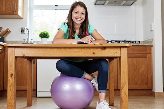 Happy young girl sitting on an exercise ball instead of a chair while doing homework at the kitchen table. Concept of active sitting for kids, helping with focus, and promoting good posture