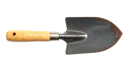 Used and Slightly Rusty Garden Trowel or Small Shovel with Wooden Handle Isolated on transparent background