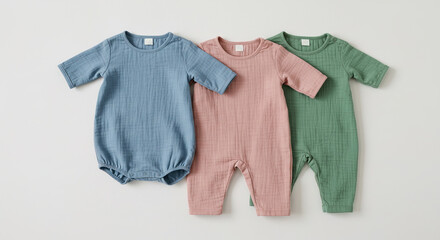 Three pastel colored baby rompers on a white background flatlay , trending, fashion, lifestyle