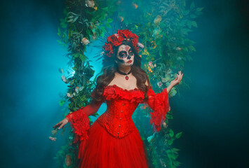 art photo real person beauty face woman sugar skull make-up eyes lips paint, red dress crown with...