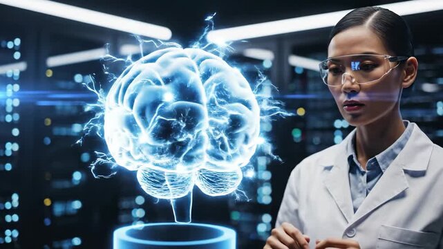 asian female scientist in high-tech lab interacts with glowing holographic brain. futuristic medicine, ai, and neuroscience research. - Powered by Adobe