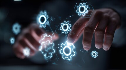 Human finger interacting with glowing digital interface elements representing mechanical settings