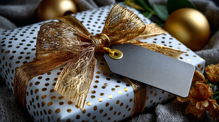 Blank Christmas New Year tag with bow and ribbons. Dots craft paper background, for gift tied up with cotton gold rope bakers twine. Packing string for decoration, present. Isolated vector EPS10