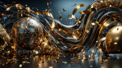 Blank banner template with 3D realistic party poppers confetti, golden ribbon closeup, serpentine on beige background for New Year celebration with empty space. Vector EPS10