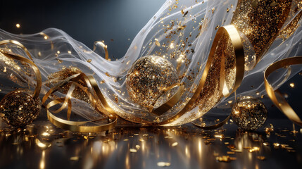 Blank banner template with 3D realistic party poppers confetti, golden ribbon closeup, serpentine on beige background for New Year celebration with empty space. Vector EPS10