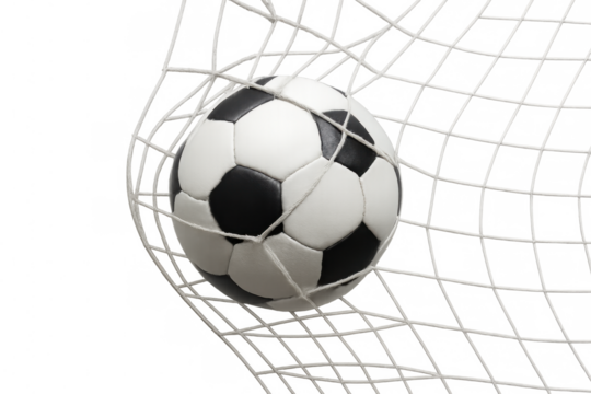 Soccer ball caught in goal net, illustrating sport success, scoring a goal, and celebrating winning on a transparent background