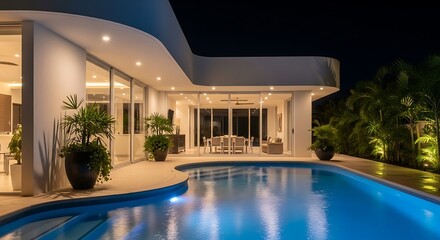 Fototapeta premium Contemporary Luxury Villa with Illuminated Curved Pool and Warm Interior Glow at Night.