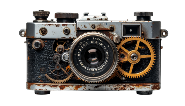 Rusty Vintage Camera Mechanism with Exposed Intricate Gears Isolated on transparent background