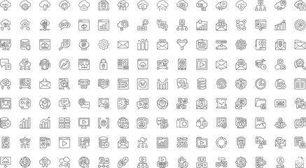 Black and white cloud computing icons, data management, analytics, cybersecurity, server, email, gear, lock, user, web, vector set
