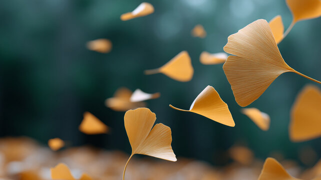 Gentle leaf movement creates calming scene for wellness content with soft golden leaves floating in air