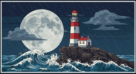 A lighthouse on a rocky coast with a full moon and rain falling , trending, fashion, lifestyle