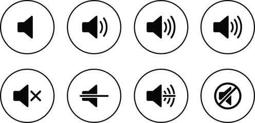 Black circular sound icons, speaker volume, mute, audio settings, sound control, interface, UI, digital, web, vector symbol set