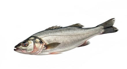 Fototapeta premium Fresh sea bass, silvery scales glistening, isolated on a white backdrop
