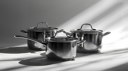 Set of Stainless Steel Pots and Saucepans with Lids in Dramatic Lighting