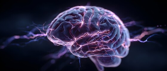 Glowing brain with electric energy sparks and neural connections.