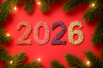 Colorful 2026 numbers surrounded by festive greenery and lights