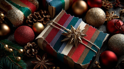 Horizontal new year, christmas craft striped background, frame with torn sheet of paper. Empty page with uneven edges. Template for text box, layout, collage. Vector illustration EPS10 1920, 1080