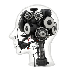 Mechanical brain with gears inside a human head profile isolated on transparent background