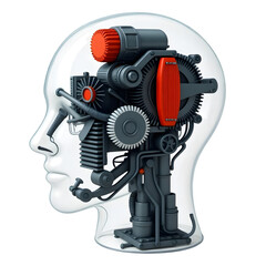 Humanoid robot head with intricate internal machinery isolated on transparent background