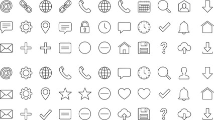 Minimal interface icon set, black outline symbols, communication, user, settings, digital UI, web design, app elements, vector grid layout
