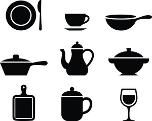 Kitchen Utensils and Tableware Silhouette Collection for Culinary Designs