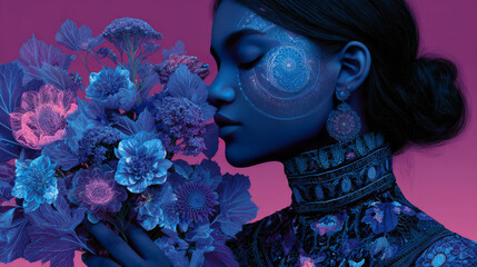 A postcard with a woman in with a bouquet of blue, pink, white flowers with a tag on a pink background. March 8, International Women's Day. Flat Vector Illustration EPS10