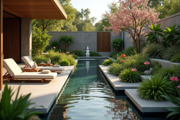 Retreat and vacation. Spa private swimming pool in beautiful hotel backyard. AI