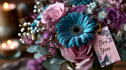 Bouquet of blue, pink, white flowers with a tag for you on a pink background. February 14, Valentine day. Flat Vector illustration of EPS10.