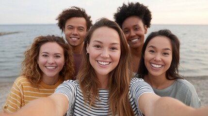 Obraz premium Cheerful Group of Friends Taking a Selfie at the Beach During Sunset with Smiles and Joyful Expressions on Their Faces