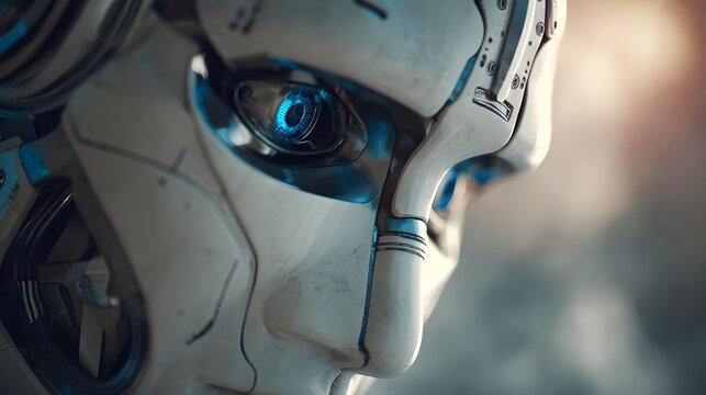 Close up profile of an advanced android face featuring a glowing blue optical sensor - Powered by Adobe