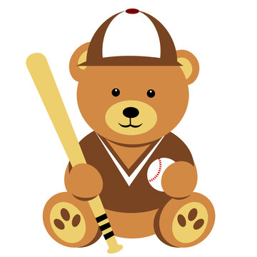 Teddy bear in baseball cap holding bat and ball