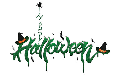 spooky halloween greeting with witch hat dripping  green text bats spider and web on png background festive and scary holiday design