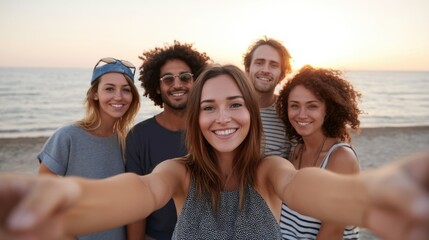 Cheerful group of friends capturing joyful moment while taking a selfie together at the beach during sunset with ocean backdrop and vibrant atmosphere