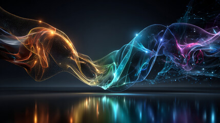 Poster with abstract 3d rainbow curve smooth line, neon gradient pattern. Web banner with empty text box, swirled colored ribbon shape on black background. Vector EPS10 1920, 1080