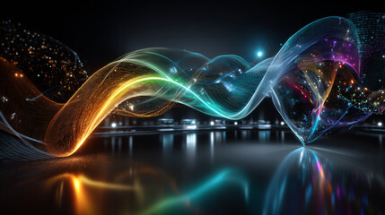Poster with abstract 3d rainbow curve smooth line, neon gradient pattern. Web banner with empty text box, swirled colored ribbon shape on black background. Vector EPS10 1920, 1080