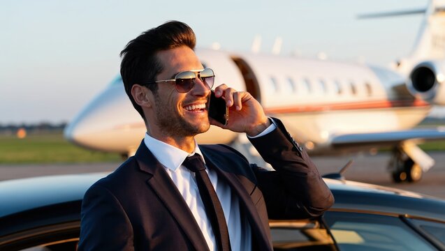 Millionaire businessman talking on smartphone near private jet and luxury car at airport ready to business travel. - Powered by Adobe