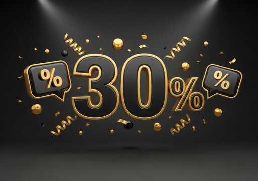 Thirty percent discount with gold accents and confetti
