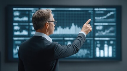 Businessman Analyzing Financial Data on Digital Dashboard for Strategic Decision-Making and Performance Evaluation in Modern Office Environment