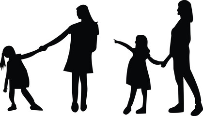 Mother and Child Silhouette Illustration | Woman Holding Kid Hand Vector | Family Love, Parenthood, Caring Mom with Daughter Graphic | Motherhood and Childhood Concept Art