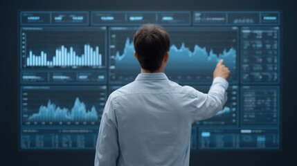 Businessman Analyzing Financial Data on Digital Dashboard for Strategic Decision Making in Modern Office Environment