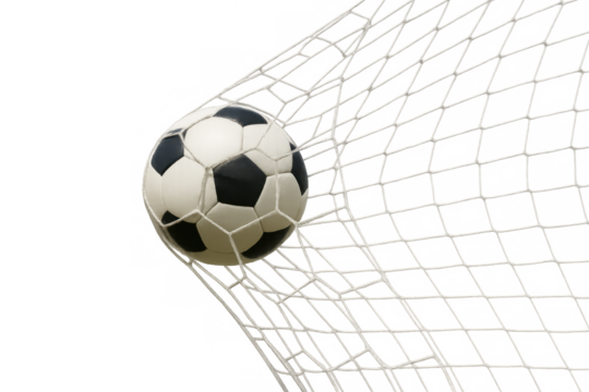 Soccer ball hitting goal net, scoring a goal in a football match, transparent background concept
