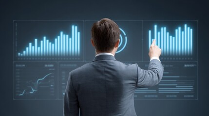 Businessman Analyzing Financial Data on Digital Dashboard with Graphs and Charts for Business Insights and Performance Evaluation