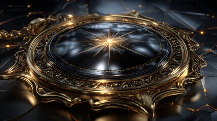 Gold sticker, tag, sale, best price, black friday, discount, new. Round shiny smooth metal emblem. Award, medal oval element with uneven wavy zigzag edge, star shape. Isolated on black background EPS