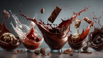 Set of liquid brown chocolate splashes, drops, blobs, drips. Hand drawn isolated elements, silhouette on white background for advertising, banner, menu in flat style. Vector EPS10