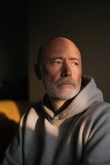Obraz premium Mature caucasian male in hoodie with thoughtful expression in warm light