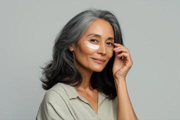 Fototapeta premium Mature asian female with eye patch for skincare on gray background