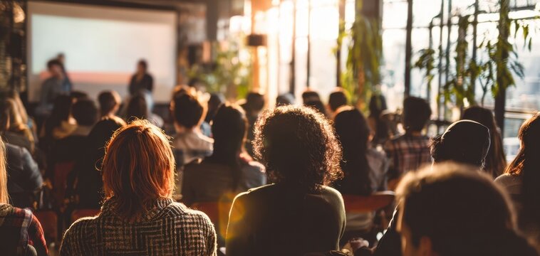 The audience listening to speakers in a bright modern seminar room with large windows