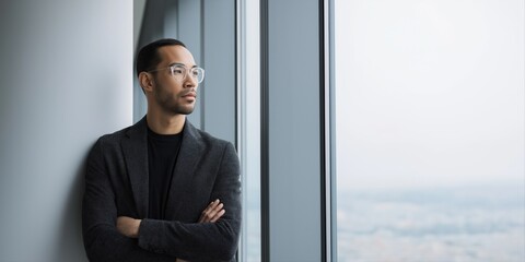 Contemplative asian male adult in office attire looking out window